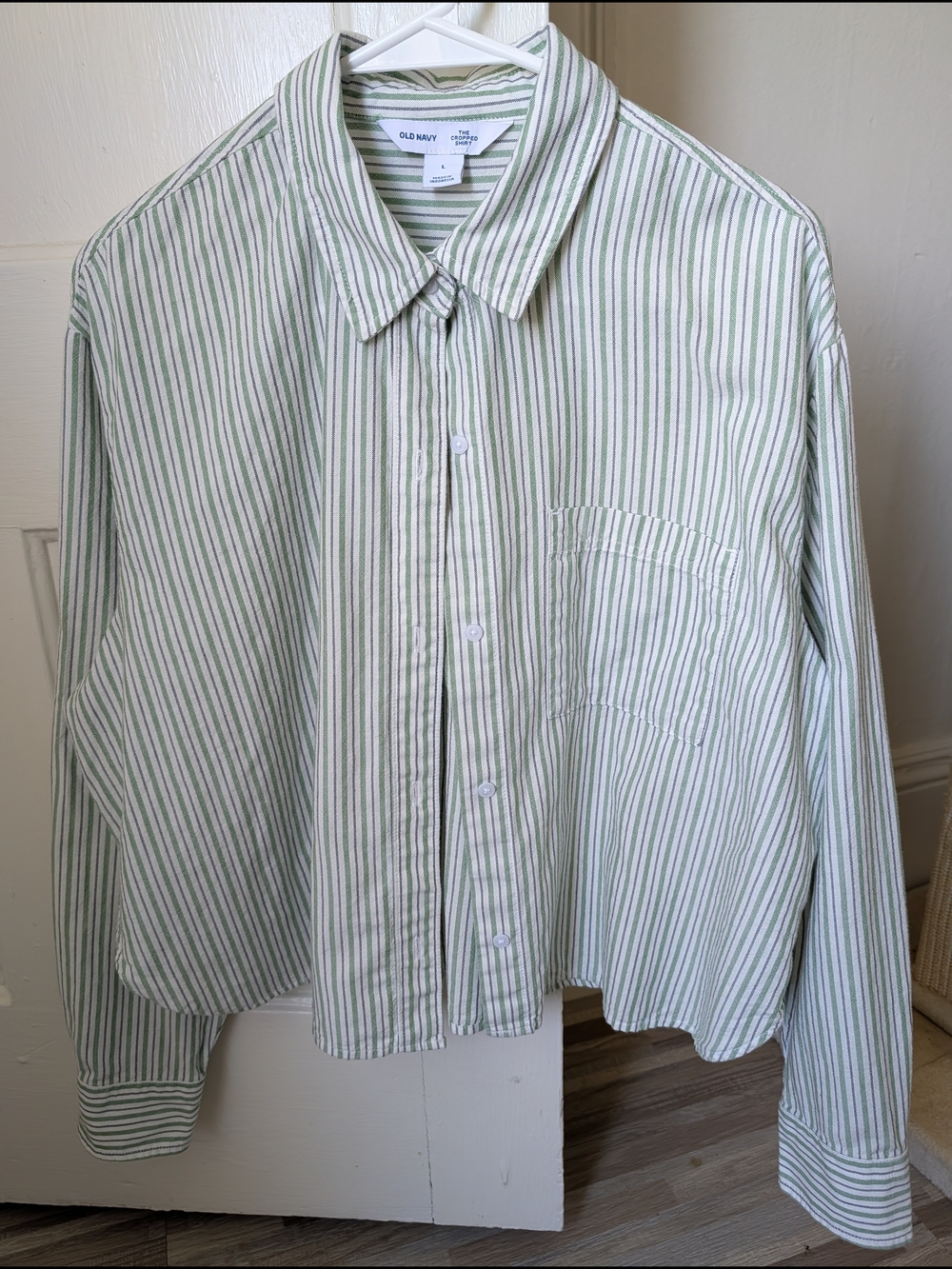 Old Navy Green & White Striped Boxy Cropped Oxford L